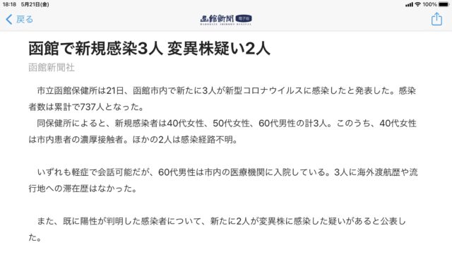 今日の函館のコロナ感染状況