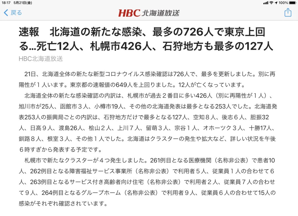 今日の北海道のコロナ感染状況
