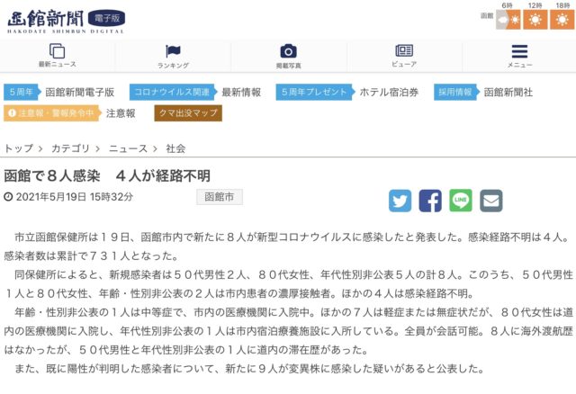 今日の函館のコロナ感染状況
